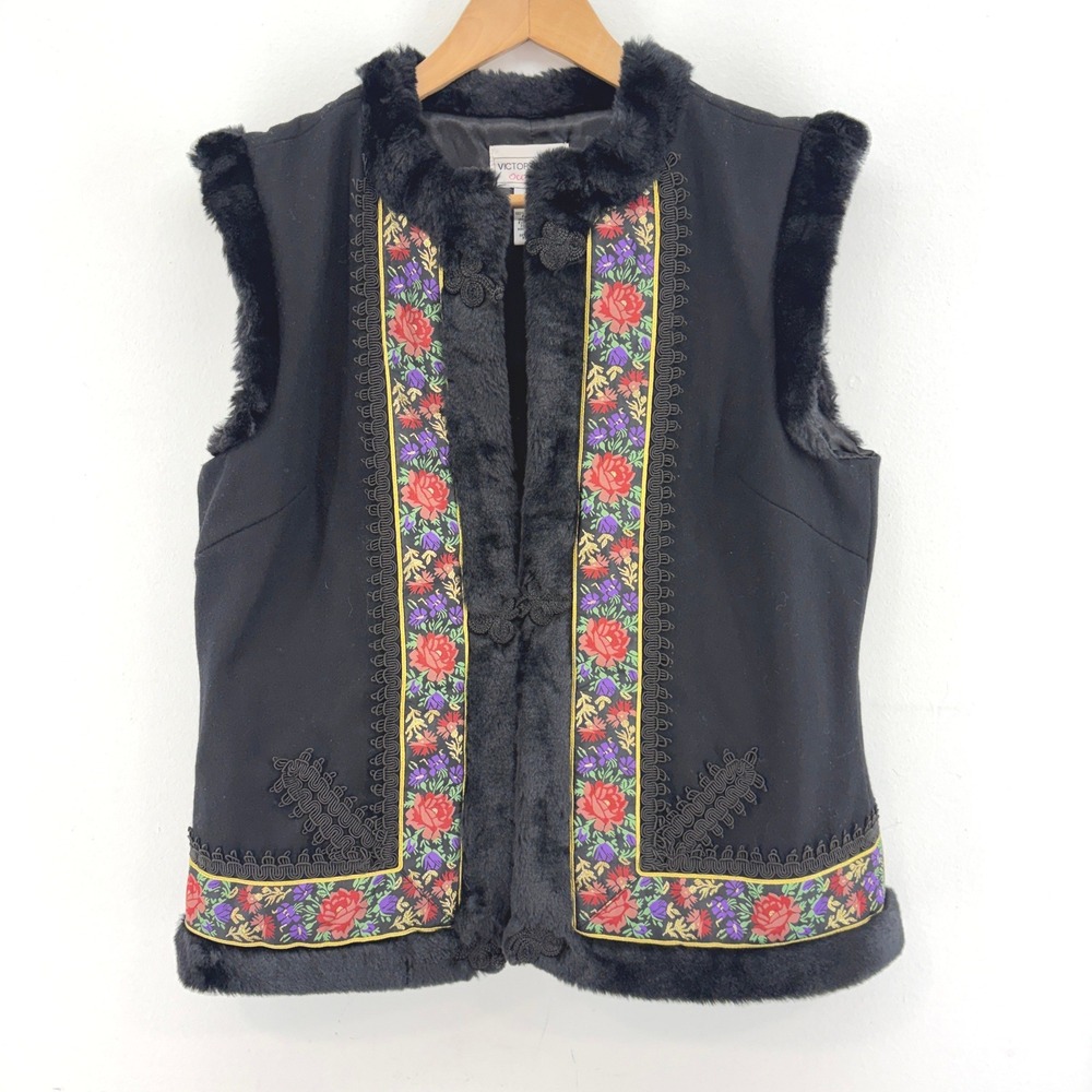Victor Costa Black Wool Faux Fur Trim Vest M Folk Cottage Whimsigoth Vintage 90s